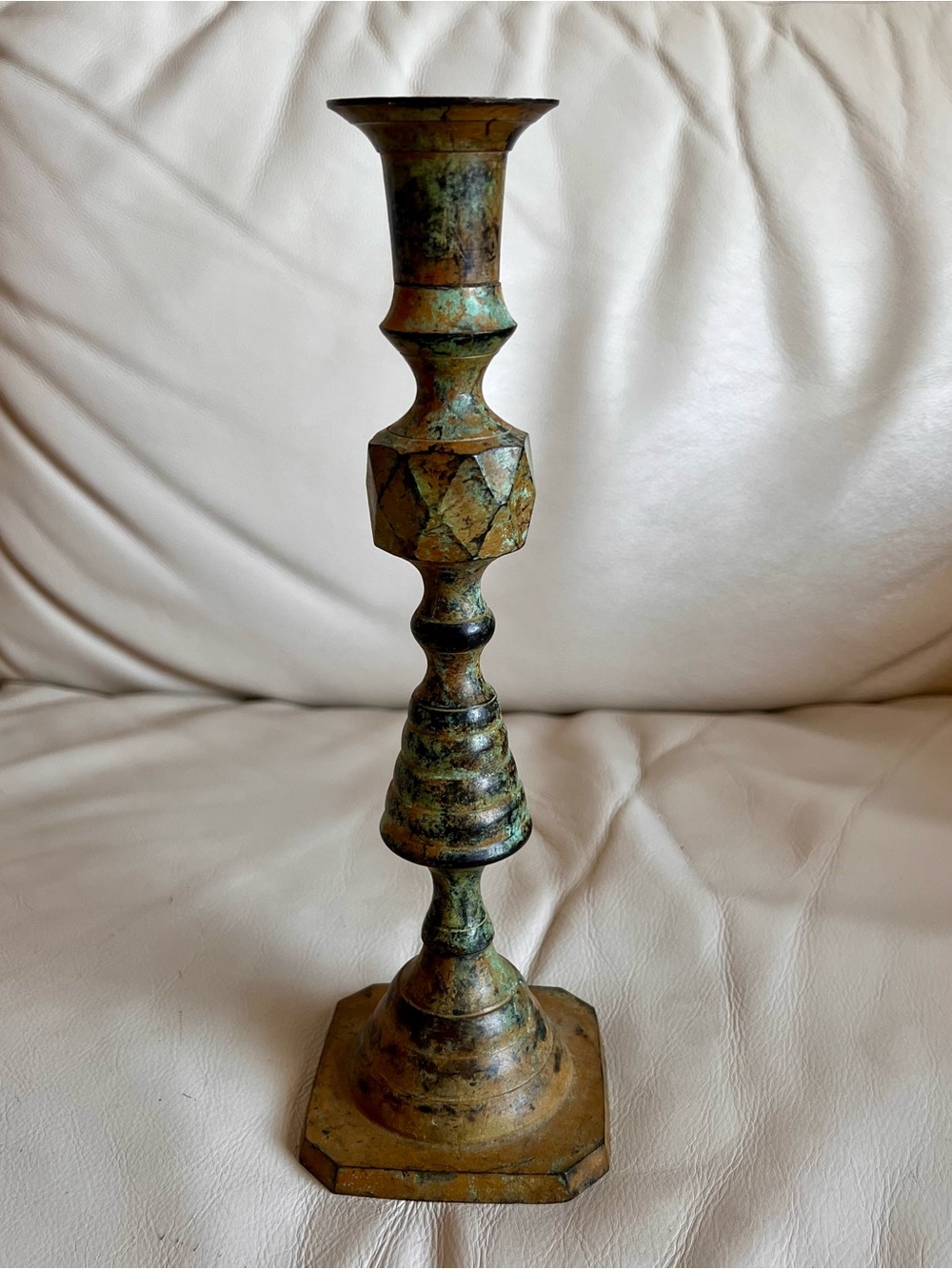 Vintage Metal Taper Candle Holder Rustic  Aged Green and Bronze Patina